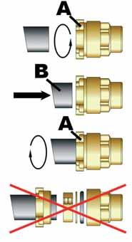 1) Allentare la ghiera (A) senza smontarla dal raccordo Release the nut (A) without dismantling it from the fitting 2) Inserire il tubo PE (B) Insert the PE pipe (B) 3) Stringere la ghiera (A)