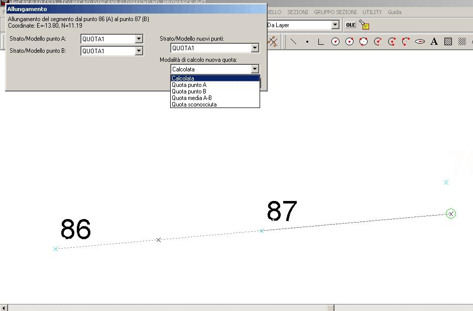 8.6.2 - ALLUNGAMENTO DI UN SEGMENTO AB DA B S.C.S. - survey CAD system La funzione calcola un nuovo punto quotato posizionato tra due punti selezionati.