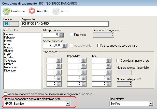 Nel caso di pagamento tramite Bonifico si deve creare una nuova banca in cui inserire il codice IBAN sulla