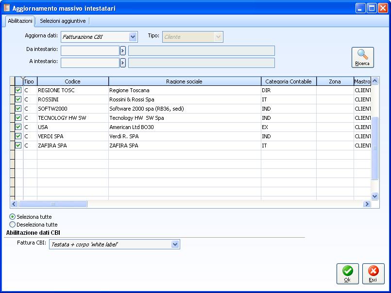 F A T T U R A C B I - A D H O C E N T E R P R I S E Aggiornamento massivo Clienti Questa gestione consente di impostare per più clienti contemporaneamente il tipo di fattura CBI da generare.