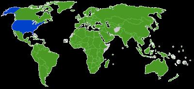 Tra i Paesi non aderenti figurano gli USA (in blu), cioè i responsabili del 36,2% del totale delle emissioni Il pacchetto 20-20-20, in vigore nel
