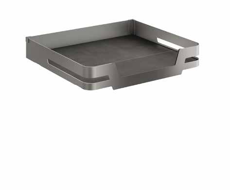 Solid base pan drawer in painted metal sheet and laminate or glass insert, melamine bottom with full extension