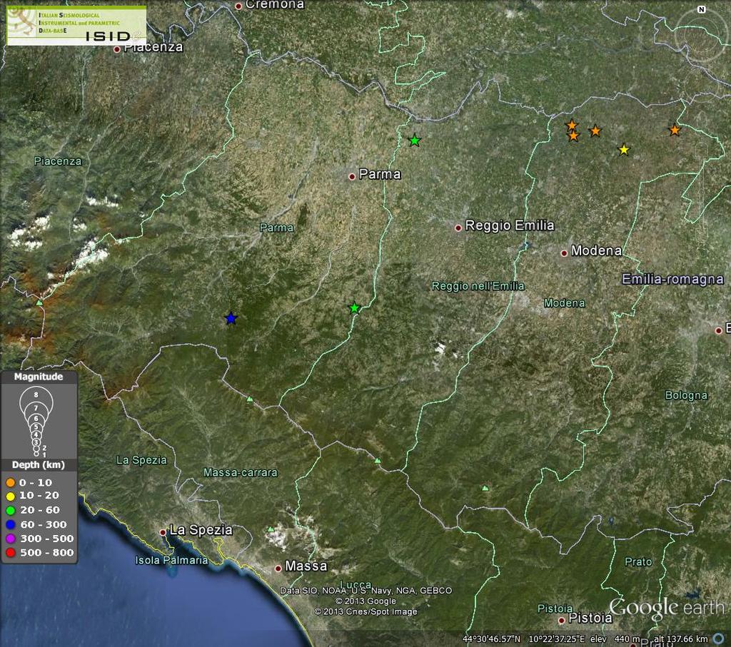Figura 2.7: Eventi sismici recenti registrati in un raggio di 100 Km dal Comune di Salsomaggiore Terme I principali eventi sismici registrati dal 2007 ad oggi sono riassunti nelle seguente Tabella 2.