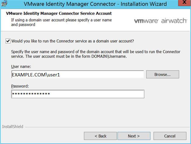8 Nella pagina Account servizio di VMware Identity Manager Connector, se si desidera eseguire il servizio Connector come account utente del dominio, selezionare l'opzione e immettere il nome utente e