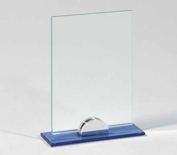 89 Targa in vetro smontabile con base blu e supporto in metallo Targa PISA in vetro con base DT121 Targa: 150 x 200 x 6 mm Base: 170 x 50 x 8