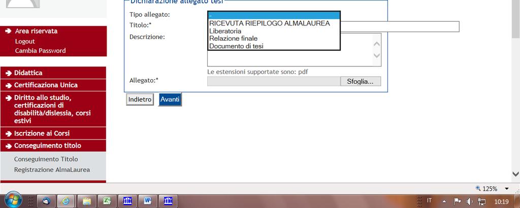 13. Nel campo Tipo allegato, seleziona dal menù a tendina il tipo di allegato che vuoi caricare.