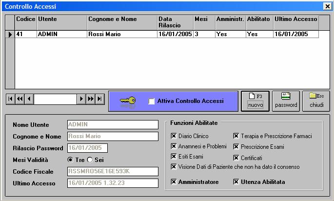 Premere il bottone Nuovo per inserire un nuovo utente.