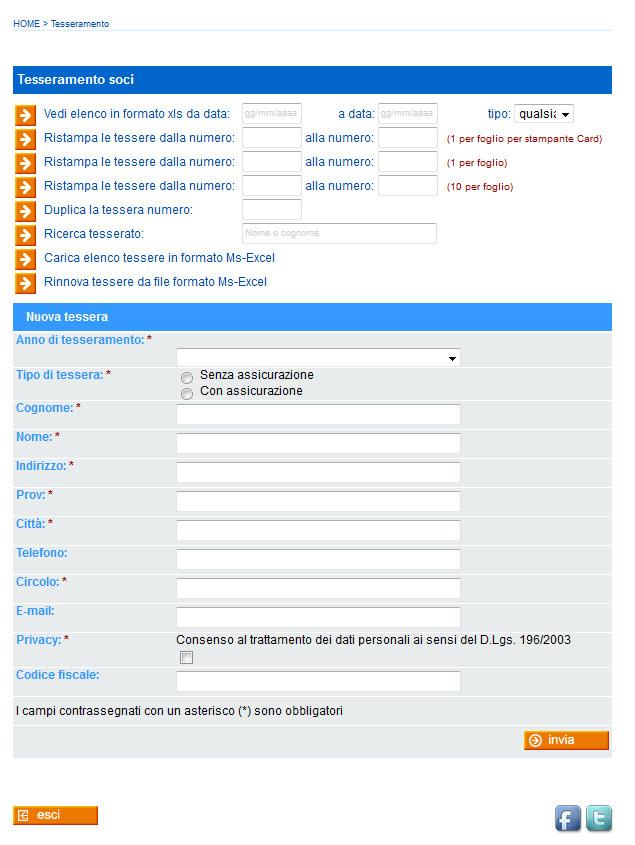 Cap. 2 Tesseramento Subito dopo aver effettuato l accesso sarà visualizzata la sottostante schermata in cui dovrete compilare i campi per la creazione della tessera I campi (caselle) contrassegnati