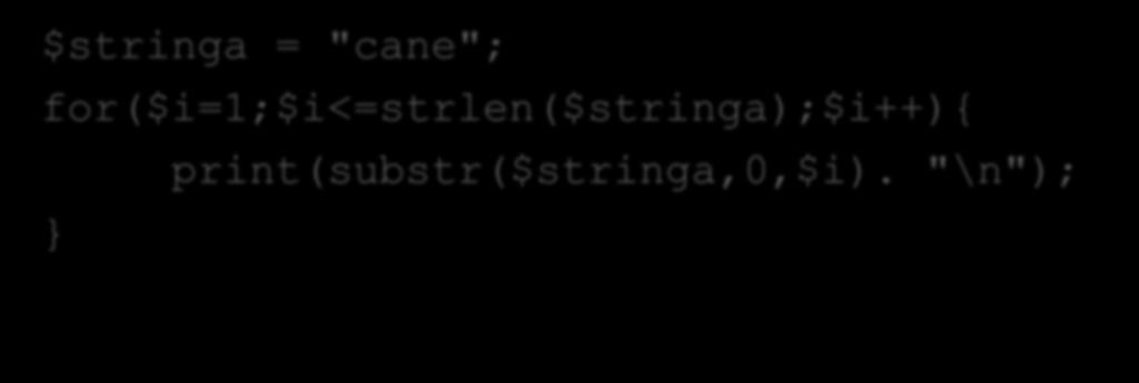 Soluzione $stringa = "cane"; for($i=1;$i<=strlen($stringa);$i++){