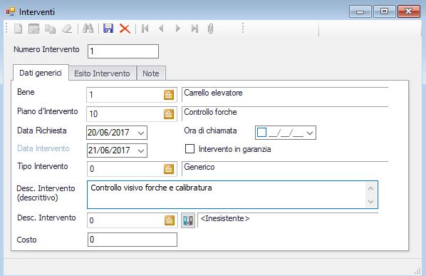 Registra Interventi La finestra di registrazione Interventi consente di registrare le attività svolte basate sulla manutenzione precedentemente