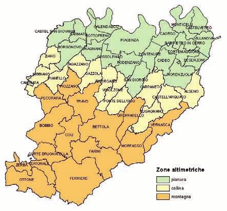 Figura 7: Suddivisione dei comuni della provincia di Piacenza nelle diverse zone altimetriche (Fonte: Piano Provinciale di Gestione dei Rifiuti) Da un analisi di dettaglio dei dati comunali si può,