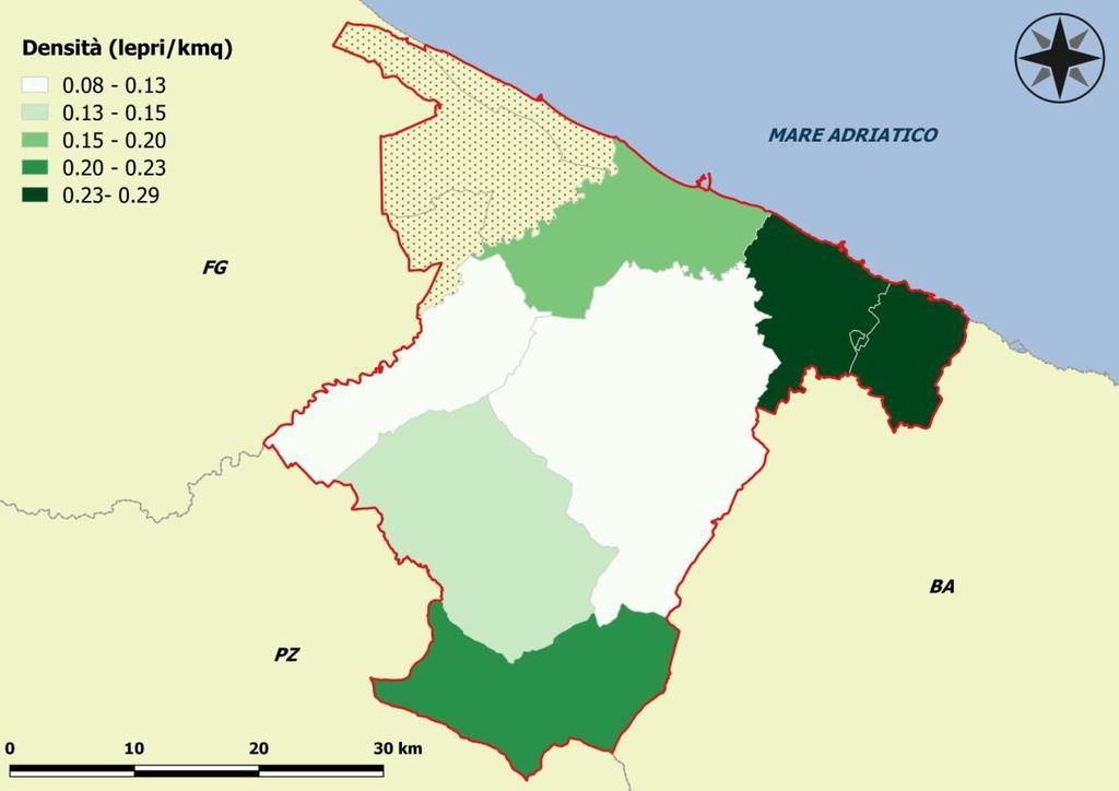 Fig. 7.13. Densità di lepri immesse nel 2011 nella provincia di Barletta-Andria-Trani.