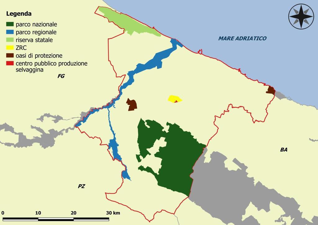 Fig. 7.1. Aree naturali protette della provincia di Barletta-Andria-Trani (in grigio le aree protette di altre province). Tab. 7.2.