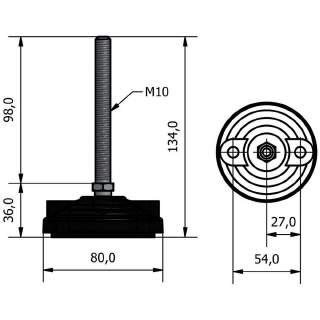 PIEDE PF Ø80 M10 H131+3 J1150 stelo snodato, con prefori di staffaggio chiusi da diaframma piattello in PA - stelo in acciaio 