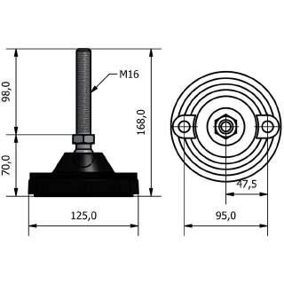 PIEDE PF Ø125 M16 H165+3 J2200 stelo snodato, con prefori di staffaggio chiusi da diaframma piattello in PA - stelo in acciaio 