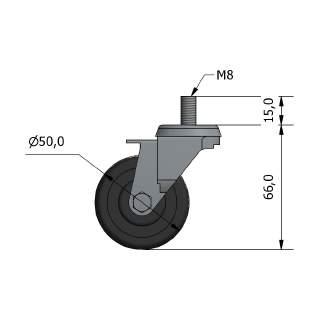 RUOTA GOMMA GRIGIA / PA Ø50 M8x15 G J2361 ruota girevole - perno filettato di fissaggio acciaio zincato, gomma naturale antitraccia, mozzo in polimero plastico A richiesta Versione inox classe A2