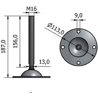 PIEDE F Ø113 M16 H187 J4200 stelo snodato, con prefori di