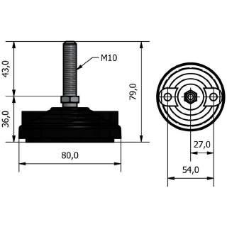 PIEDE PF Ø80 M10 H76+3 J1050 stelo snodato, con prefori di staffaggio chiusi da diaframma piattello in PA - stelo in acciaio