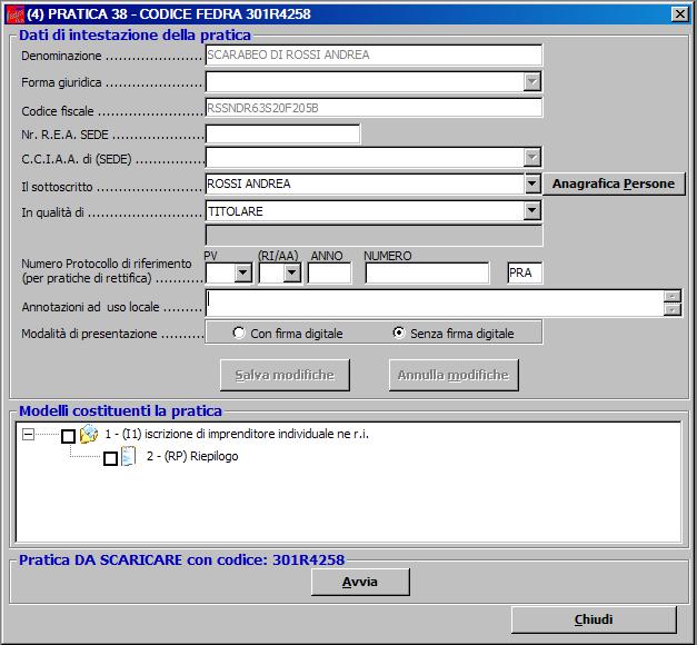 (Figura n. 4) Nel riquadro dal titolo Modelli costituenti la pratica il programma presenta: 1 (I1) iscrizione di imprenditore individuale nel r.i. è il modello base I1 (che si è scelto all inizio Vedi: Figura n.