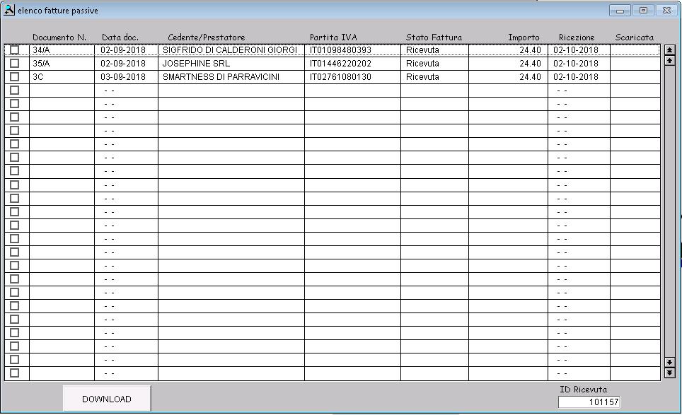 In questa sezione sono visibili le fatture passive inviate all azienda Inserire la data del documento di partenza e cliccare su OK È possibile selezionare il record e cliccare sul bottone DOWNLOAD