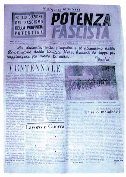 Figura 7. Potenza Fascista, Anno I, numero 1, 28/10/1942 (ARCHIVIO DI STATO DI POTENZA, Prefettura, Gabinetto 1940-56, II Versamento, II Elenco, Busta 83.