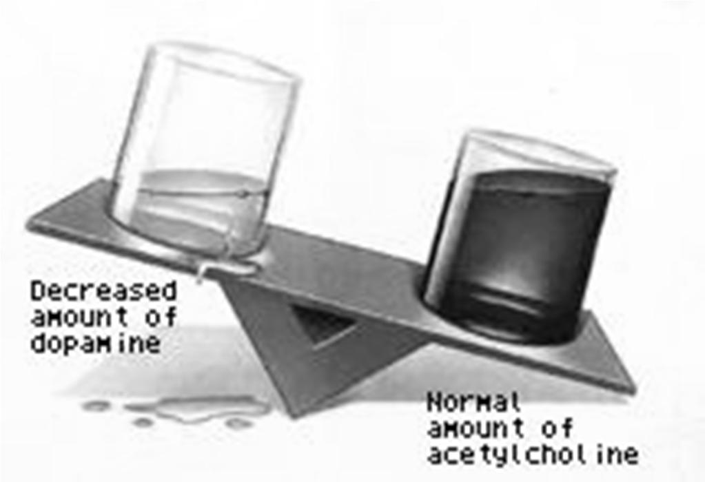 Nel parkinsoniano si realizza quindi uno sbilanciamento del rilascio di acetilcolina e dopamina