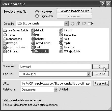 3 Il pulsante Cerca file. 4. Nella finestra Selezionare file fai clic sul file libro ospiti; verifica che venga inserito nel campo Nome file e fai clic sul pulsante OK (vedi figura 10.4). Figura 10.