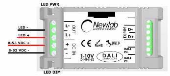 (PROGLECVCC) - Regolazione della luminosità tramite: - pulsante (PUSH) - segnale DALI - segnale 1-10V (attivo) - segnale 0-10V (attivo) - potenziometro 100Kohm - segnale Bluetooth (LEF Lighting App)