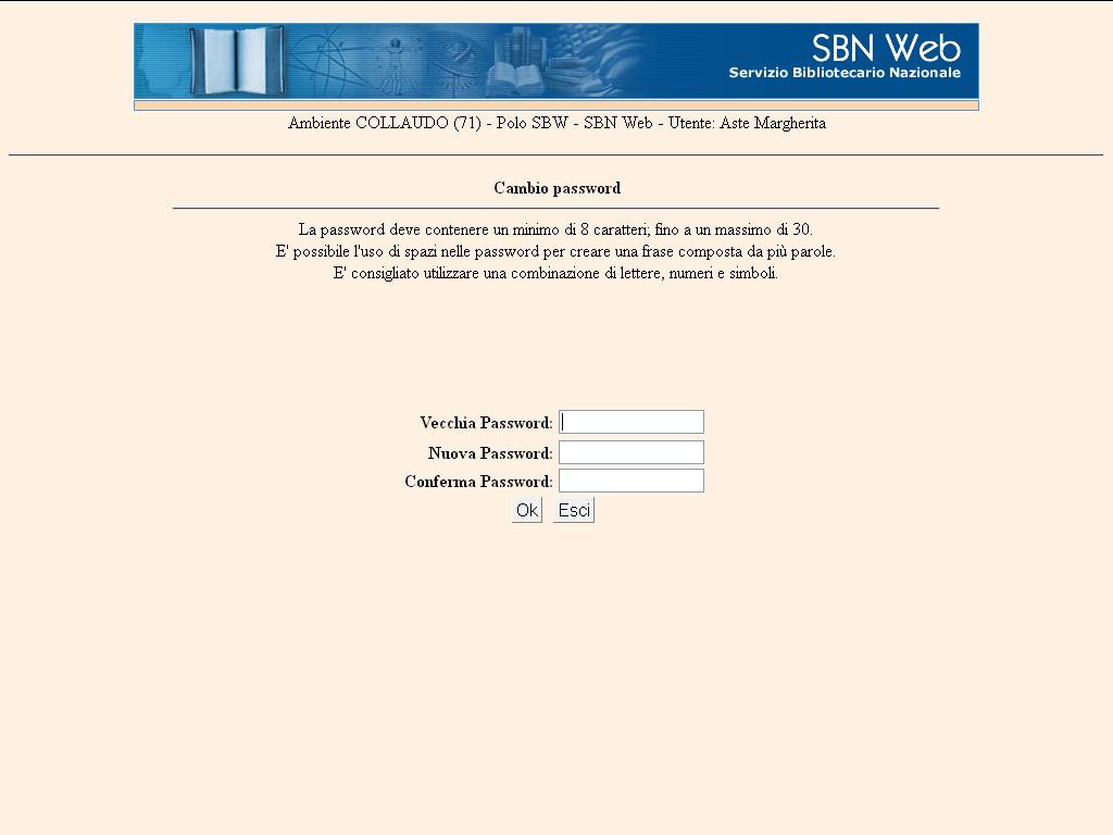 1.2 Cambio password L utente può scegliere autonomamente di cambiare la password utilizzando l apposito tasto Cambio password dopo aver fornito le credenziali correnti.