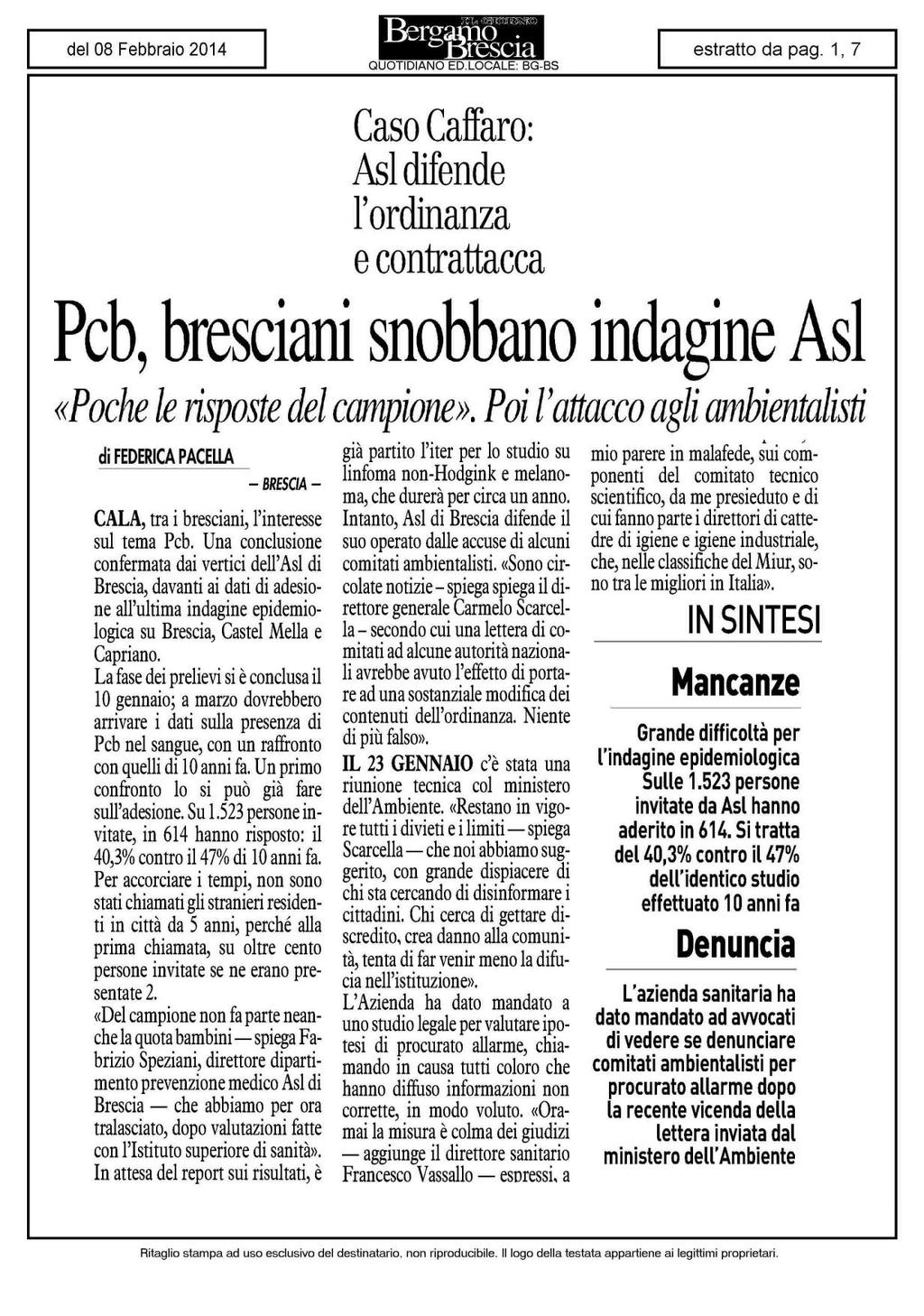 Caso Caffaro: Asl difende l'ordinanza e contrattacca Pcb, bresciani snobbano indagine Asl «Poche lerispostedel campione».