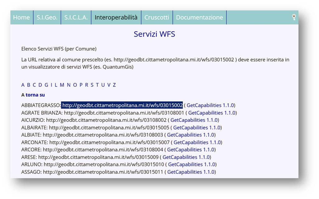 WFS Web Feature Service in QGIS Accedere al servizio al seguente link: http://geodbt.cittametropolitana.mi.it/pages/interoperabilita/servizi-wfs.