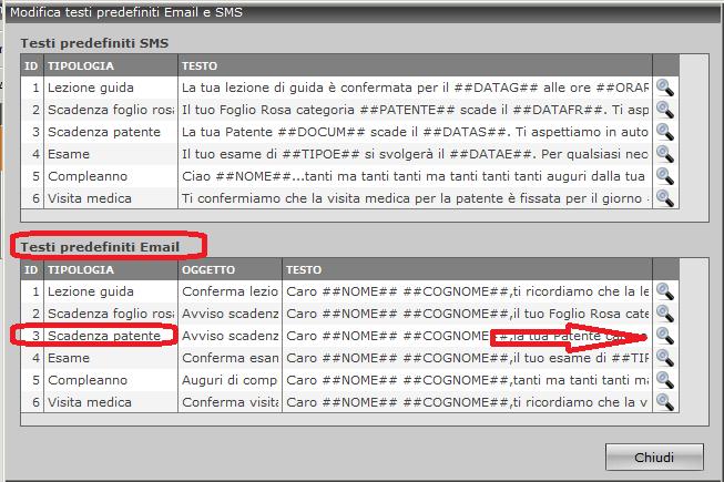 SMS/Email > Modifica testi Cliccando sulla lente a destra, si