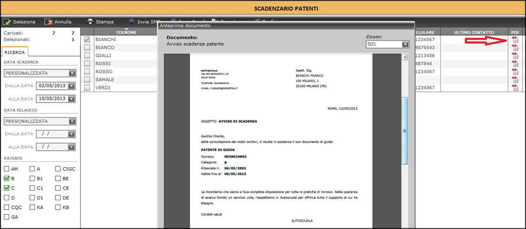 La funzione Scadenzario infatti genera automaticamente per ogni nominativo estratto, un file PDF, con l avviso di