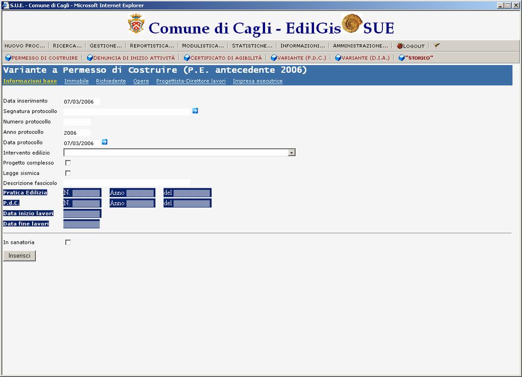 come di seguito riportato Per il collegamento della Variante in Corso d Opera o del Certificato di Agibilità alla Pratica Edilizia antecedente l anno 2006, dovranno essere inseriti manualmente i dati