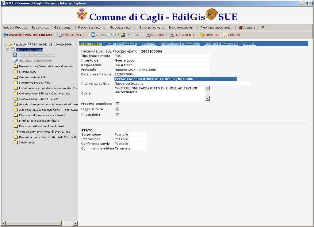 Selezionando la cartella PDC: 2006/numero nella visualizzazione ad albero in alto a sinistra, vi compariranno in alto a destra i seguenti pulsanti : Informazioni Iter Procedimentale Scadenze
