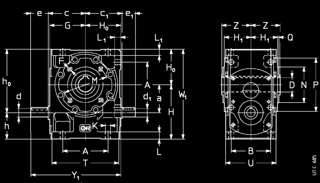 8 - Esecuzioni, dimensioni, forme costruttive e quantità d olio 8 - Designs, dimensions, mounting positions and oil quantities R V 32... 81 UT.