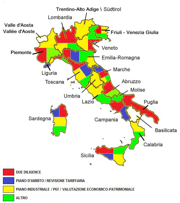 Attività/servizi svolti per Regione DD PdA PI / PEF Regione Due Diligence Piano d'ambito / Revisione tariffaria Piano industriale / eco-finanziario Varie Totale VALLE D'AOSTA - PIEMONTE 2 8 1 11