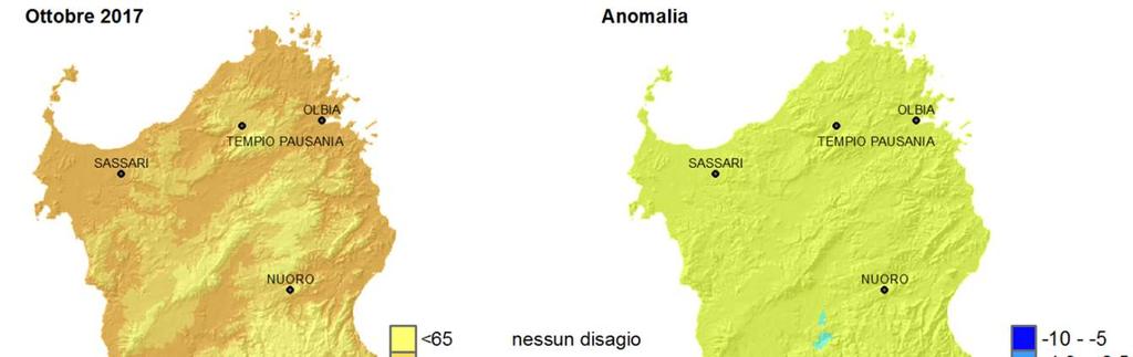 La media delle massime ha mostrato valori di THI generalmente sopra media a parte alcuni territori del Campidano, Marmilla e Trexenta (Figura 18).