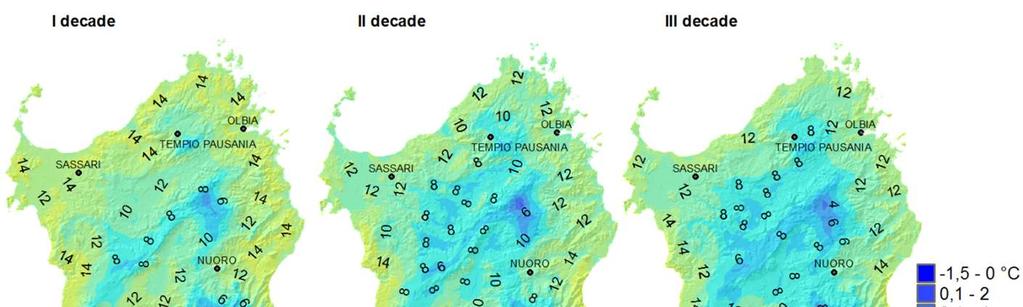 Le minime della seconda e terza decade sono state di circa 2 C inferiori a quelle della prima decade del mese (Figura 2).