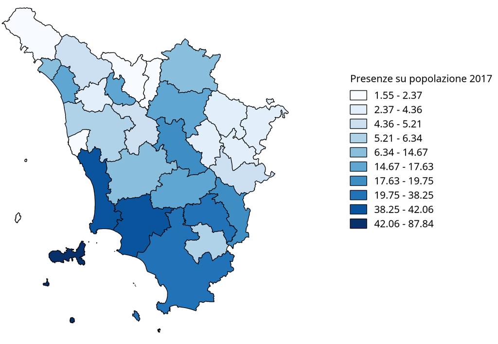 Il turismo nelle destinazioni balneari: presenze su popolazione Nel 2017 le destinazioni balneari contano circa 18 milioni di presenze in strutture ufficiali, pari al 40% del totale Toscano e 25