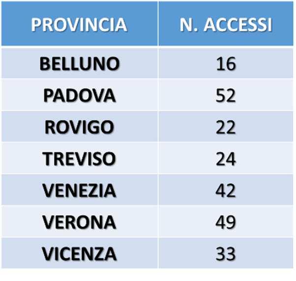 Pressoché allineate le province di Treviso, Rovigo e Belluno. Complessivamente circa la metà degli accessi (51%) si concentra negli Sportelli degli Spisal di Verona, Padova, Venezia e Vicenza.