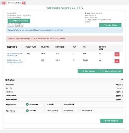 Per riemettere la fattura clicca sull icona Si apre la pagina di Riemissione Fattura.