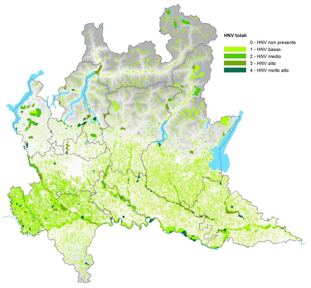 La metodologia: esiti HNV SAU HNV nulle HNV totali di cui livello Basso di cui livello Medio di cui livello Alto di cui livello Molto alto Superficie 1.074.130 ha 421.424 ha (39,2% della SAU) 652.
