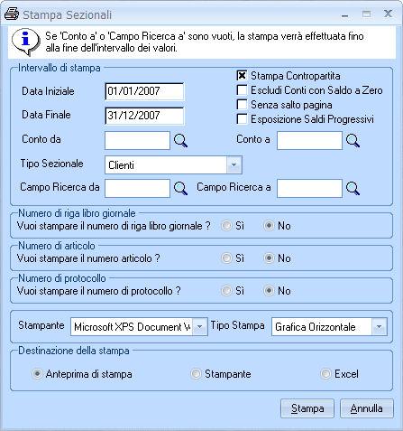 Nella sezione Intervallo di stampa sono presenti i seguenti campi: Data iniziale e Data finale. In essi è possibile indicare l intervallo di date di registrazione da considerare. Conto da e Conto a.