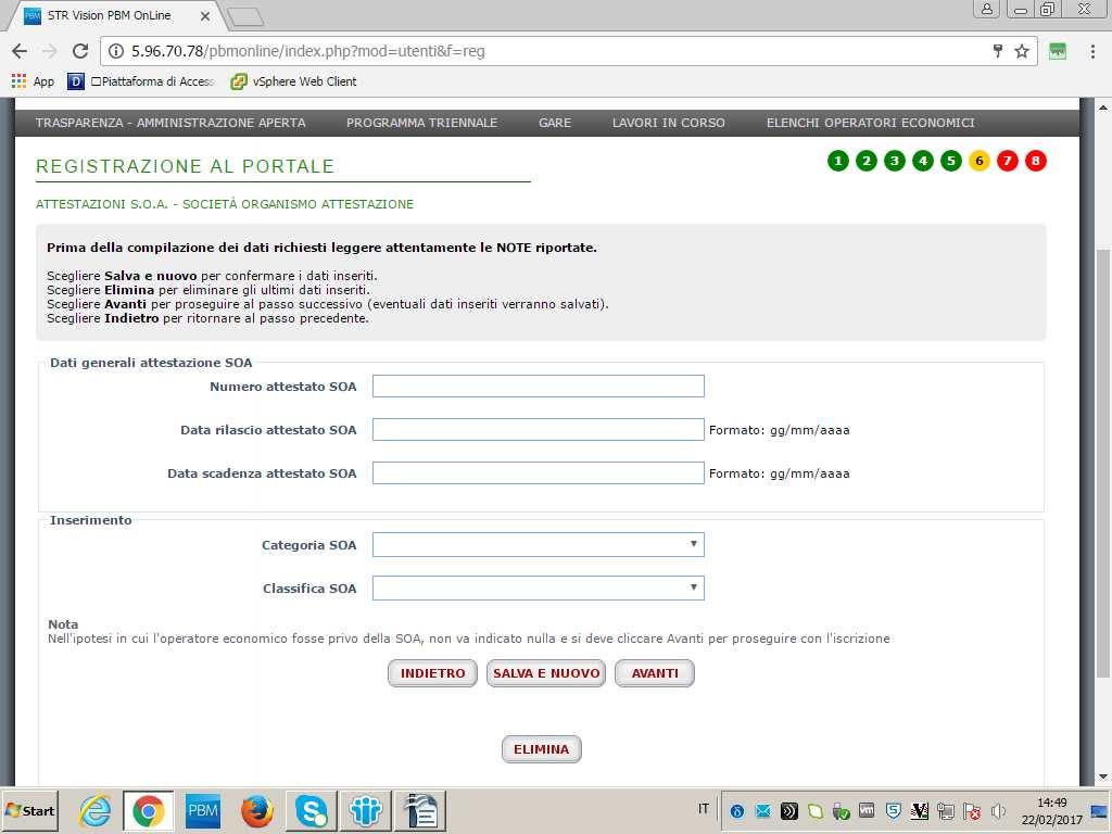 1.2.6 PASSO 6 Attestazione SOA Nell ipotesi in cui l operatore economico fosse privo della SOA, può cliccare su avanti per proseguire.