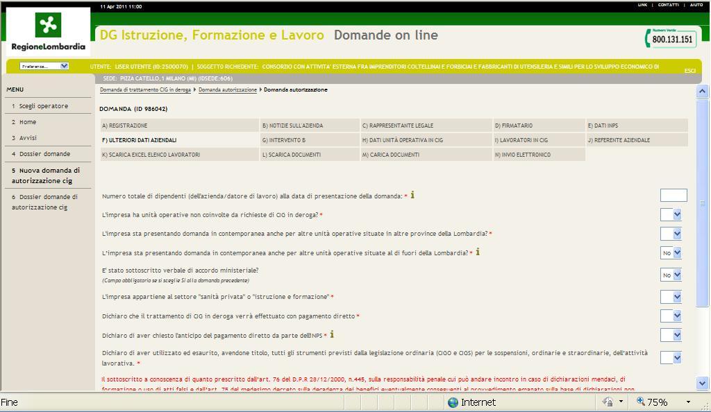 6.2.5 Sezione f) Ulteriori dati aziendali Nella sezione f) inserire dati riferiti all azienda.