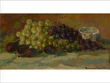Lotto n. 041 - Natura morta con uva olio su tavola. Ntaura morta con uva, fichi e bicchiere, firmato in basso a sinistra. Dimensioni: 16,5 x 31,5 cm, Peso: Scadenza Lotto ore: 16.52.