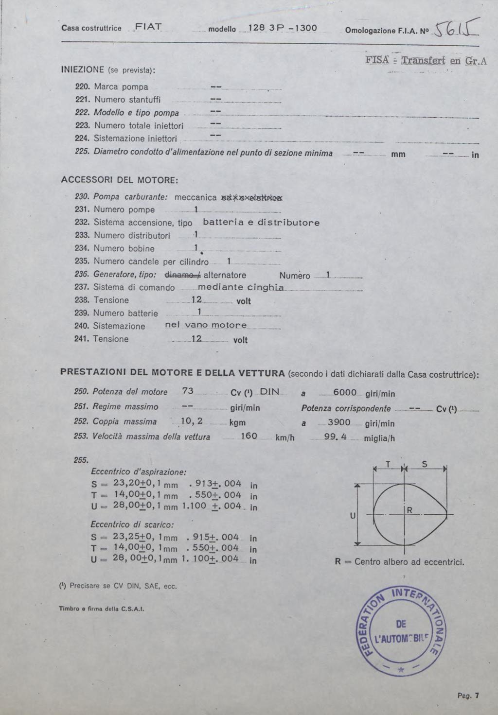 Casa costruttrice.f^ia T modello..128 3 P - 1 3 0 0 Omologazione F.I.A. N INIEZIONE (se prevista): 220. Marca pompa. - - 221. Numéro stantuffi -------------. m 222. Modello e tipo pompa 223.