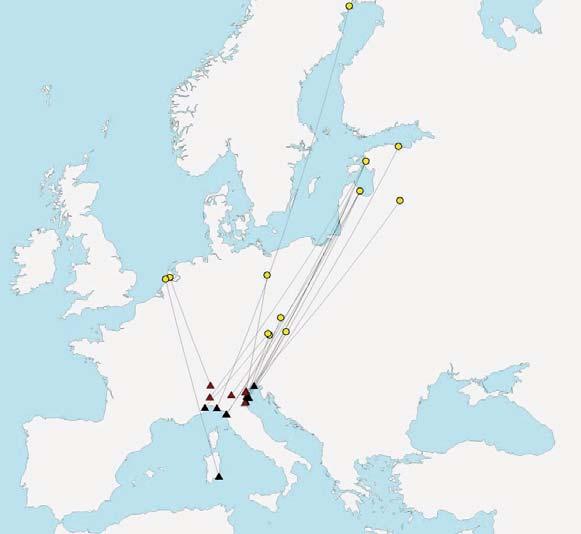 Moretta - Aythya fuligula Figura 14. Movimenti di individui esteri ripresi in Italia (n = 86). Movements towards Italy.