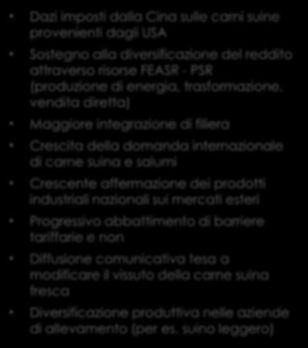 MINACCE E OPPORTUNITÀ PER LA FILIERA OPPORTUNITA MINACCE Dazi imposti dalla Cina sulle carni suine provenienti dagli USA Sostegno alla diversificazione del reddito attraverso risorse FEASR - PSR